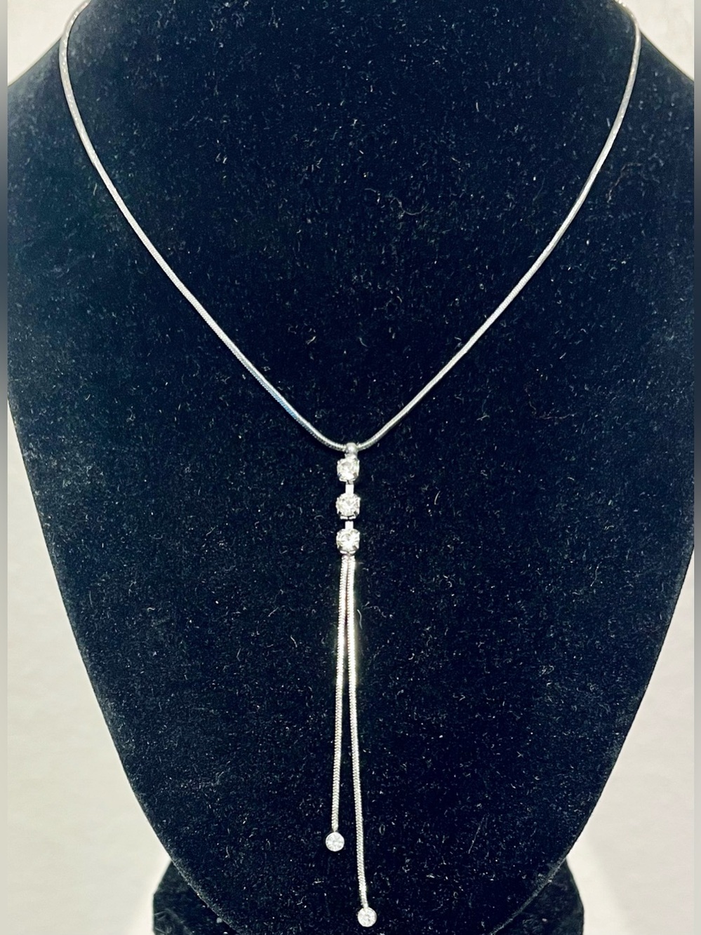 Silver Drop Lariat Necklace with Clear Crystal Accents